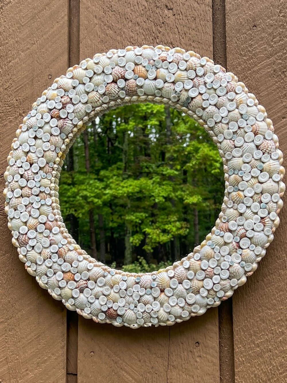 16" Round Seashell Mirror Handcrafted Nautical Coastal Beach House Wall Decor